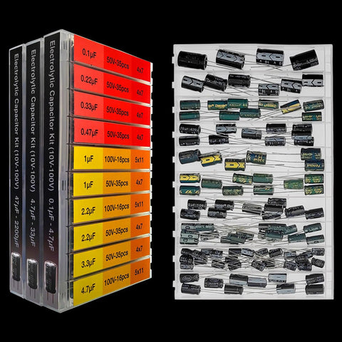 Badass Electrolytic Capacitor Assortment Kit Packing Six Hundred Thirty Three Chips Covering Point One Microfarad Through Two Thousand Two Hundred Microfarad in trays.