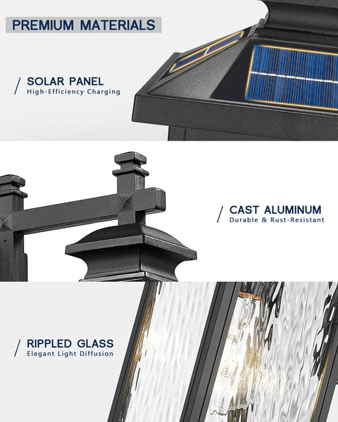 Close-up of solar panel, cast aluminum frame, and rippled glass of Stunning Solar Powered Wall Lights Wall Mount Outdoor Fixtures.