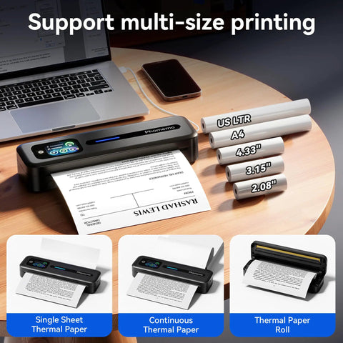 Upgraded Portable Wireless Printer With Touchscreen, Bluetooth Thermal Inkless M832D on desk with multiple paper sizes