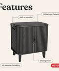 Velo 30 Gallon Outdoor Storage Cabinet With Weather Resistant Resin Construction Beefed Up Steel Reinforcement Wood Look Finish in graphite, shown with sliding doors and handles.
