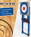 Eight Foam And Plastic Axes Axe Throwing Game Set With Heavy Duty Steel Frame Over Five Feet Tall Folds Flat For Portable Outdoor Fun