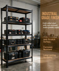 Premium Rock Solid Black Metal Five Tier Storage Shelving Unit With Quick Adjust Shelf Brackets For Garage Organization And Basement Utility Rack Setup displaying black storage boxes.