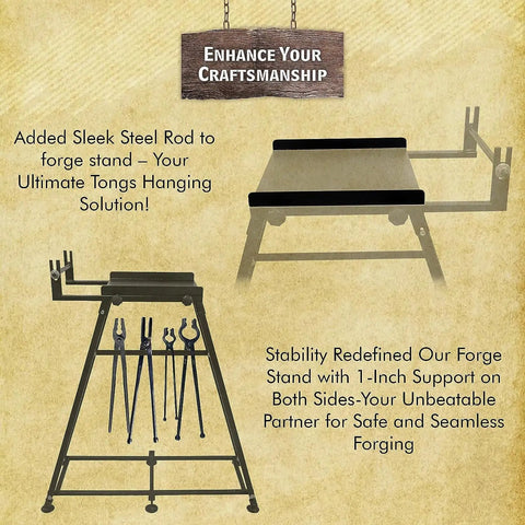 Propane Forge Stand For Single Burner Blacksmith Kits with tool hanging rod and stable feet shown in black steel.