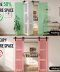 Slick Glide Double Bifold Barn Door With Complete Hardware Kit Eases Through Tight Squeezes As Interior Room Divider with green and pink comparisons
