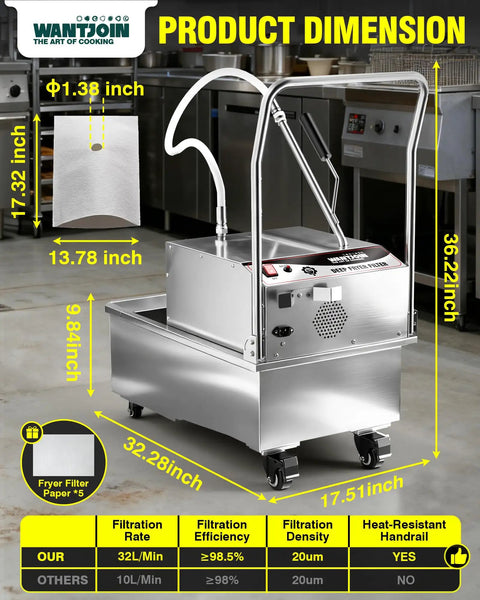 Top-Notch Commercial Fryer Filter Machine 55L 14.5 Gallon Capacity dimensions with stainless steel build and filtration specs.