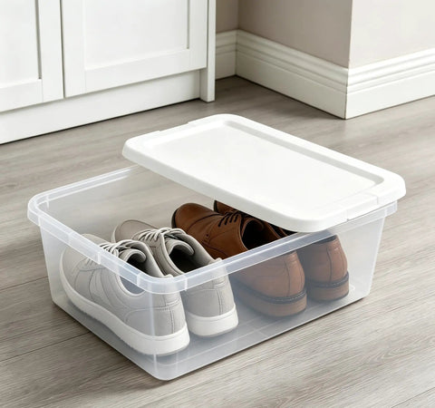 Top Tier Clear Plastic Storage Containers With Tight Snap On Lids Set Of Ten Real Deal Organizers For Home Closets Kitchen Pantry And Garage Must Haves holding shoes.