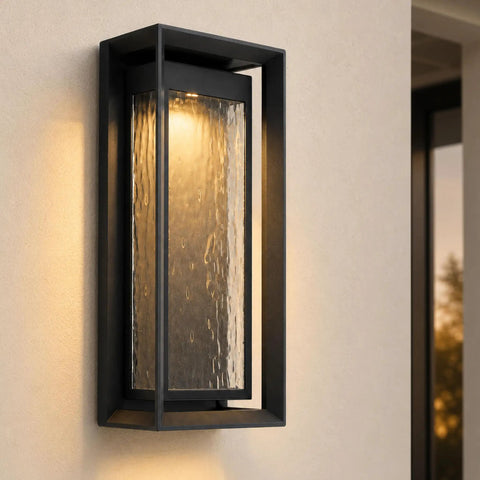 Next Level Urbandale Extra Large Outdoor Wall Lantern With Integrated LED And 2700K Warm Glow on exterior wall with textured black finish.