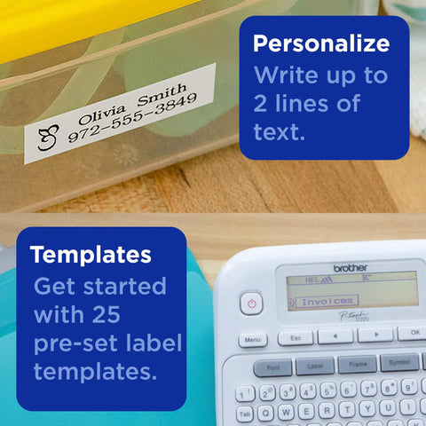 P-Touch PTD220 Label Maker For Home Office Use with printed labels, showing customizable text and pre-set templates on screen.