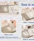Go To Calligraphy Stencil Kit With 50 Pieces Large 4 Inch And Small 2 Inch Alphabet Stencils in use on wooden surface showing process steps.