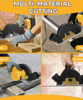 Rugged Little Beast Cordless Circular Saw Coupled With Mini Angle Grinder cutting wood, plastic, soft metal, and ceramic tile.