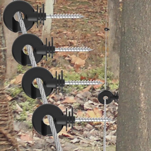 Dang Solid Heavy Duty Screw In Electric Fence Insulators 30 Pack With Timber Post Brackets and Included Steel Drill Socket For Ranch Livestock Boundary Grid Wiring installed on wooden posts with wire.