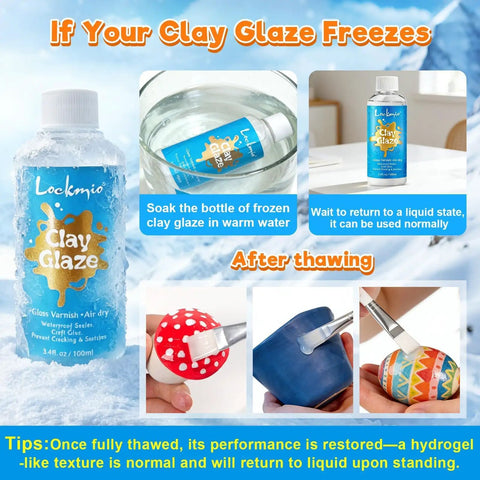 Instructions for using Air Dry Clay Glaze And 25 Piece Tool Kit With Gloss Varnish Protectant to prevent freezing effects.