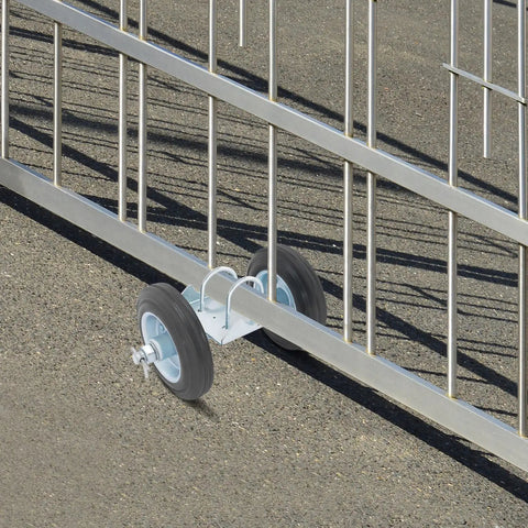 Heavy-Duty Sliding Door Roller System With Tough-As-Nails Galvanized Steel And Rubber Construction Supports 600 Pounds Load Capacity, showing dual-wheel design.