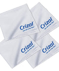 Crizal microfiber cleaning cloths for eyeglasses, four-pack, white fabric with blue Crizal logo