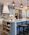 Faux Wood Lantern Pendant Lighting With Glass Shades For Kitchen Island, modern farmhouse style hanging above white kitchen island