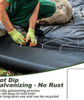 Person using Built Tough 50 Pack Heavy Duty Landscape Staples Wide U Type Grass Stakes Galvanized Steel 7 Gauge Turf Anchors for installing fabric