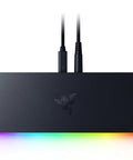 Flex Your Desk With This Thunderbolt Five Dock Offering Eleven Ports And An M2 Ssd Slot For Smooth Multi Monitors And Quick Laptop Power Ups That Never Bog Down Your Workflow, showing a sleek black hub with colorful lighting.