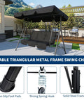 Three Seat Outdoor Porch Swing With Stand And Adjustable Canopy For Backyard Patio, 800 Lb Capacity, Tilt Shade In Grey, Weather Resistant Steel Frame, Easy Assembly, Cozy Family Friendly Outdoor Furniture