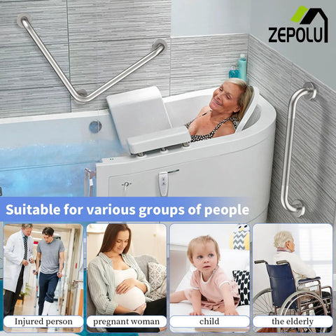 Brushed Nickel L Shaped Grab Bar 16 Inch Rock Solid Wall Mount Safety Handle for bathroom use beside a bathtub.