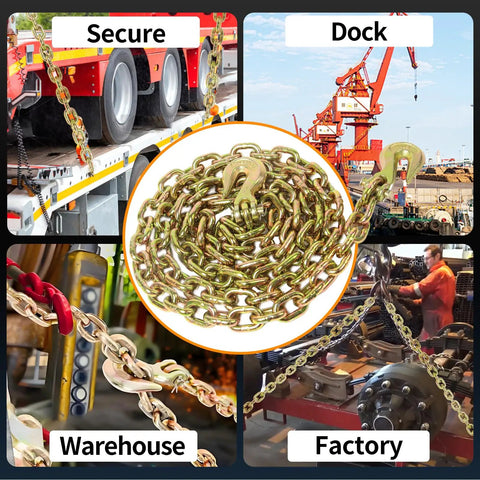 Three Eighths Inch Grade 80 Heavy Duty Binder Chain With Grab Hooks Ten Foot Long 7,100 Lbs Safe Working Load Tow Chain in various uses