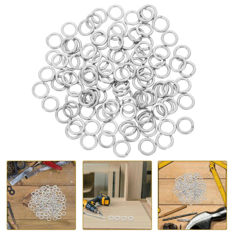 100 Pack M8 Stainless Steel Spring Lock Washers showing heavy duty metal rings for screw and machine use on a work surface.
