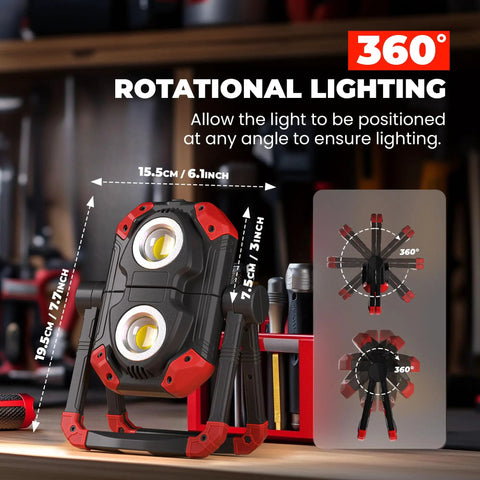 Rechargeable LED Work Light Two Pack With 2500 Lm Dual COBs, showcasing 360 Degree Swivel Stand on workbench.