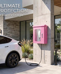 Heavy Duty Galvanized Steel EV Charger Protection Housing Box With Sloped Rain Hood And Secure Combo Lock For All Weather Outdoor Charging Stations attached to a wall.