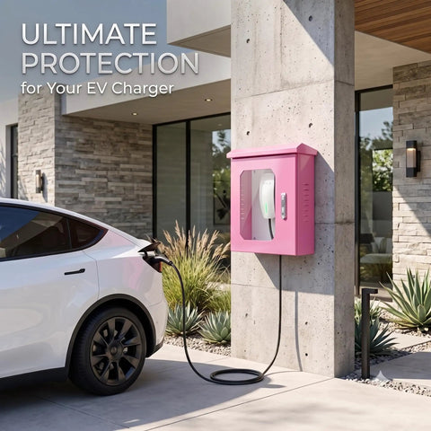 Heavy Duty Galvanized Steel EV Charger Protection Housing Box With Sloped Rain Hood And Secure Combo Lock For All Weather Outdoor Charging Stations attached to a wall.