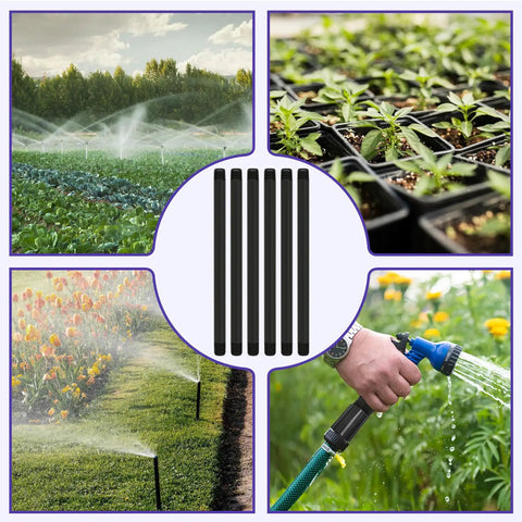 Collage showing 12 Pcs 1/2 Inch MNPT Sprinkler Riser Extensions for irrigation system setup in gardens and farms.