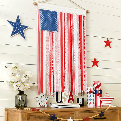 Vintage American Flag Rag Ribbon Banner For Fourth Of July Decor, Rustic 4x2.3 Ft Mantel Yard Porch Flag displayed indoors
