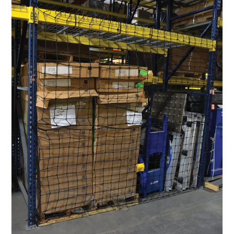 Heavy Duty Drop Proof Pallet Rack Safety Netting Set Of Two 99 By 96 Inch Nylon Mesh securing boxes in a warehouse setting