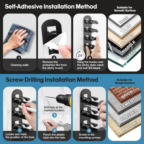Installation methods for Solid 2 Pack Hat Organizer For Baseball Caps And Dad Hats, featuring self-adhesive and screw drilling options.