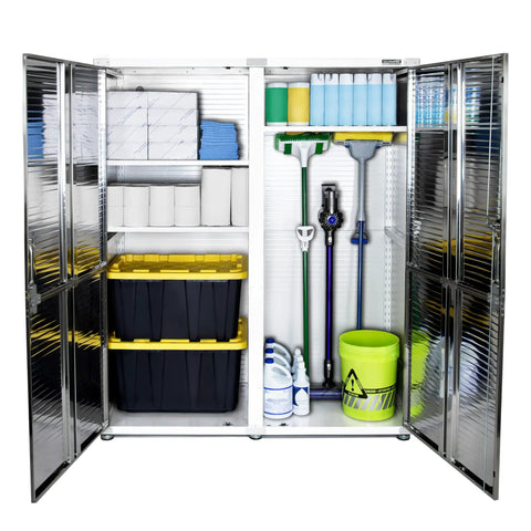 Tough As Nails Heavy Duty Steel Storage Cabinet With Lockable Door And Six Adjustable Shelves organized with cleaning supplies and storage bins.