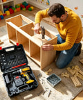 Man using All In One Cordless Drill Driver With Rechargeable Battery Multiple Drive Modes And Adjustable Torque designed for no sweat home DIY repair work.