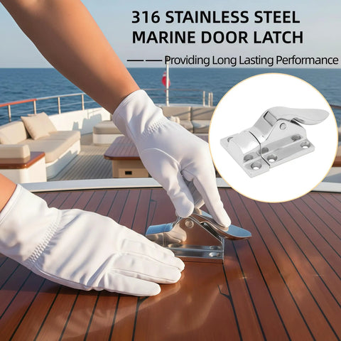 User installing a 316 stainless steel marine door latch on a wooden deck for boats, yachts and RVs.