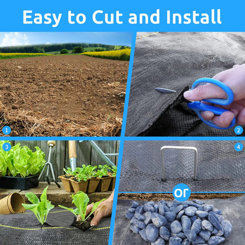 Collage showing Heavy Duty Black Weed Barrier Fabric 6 Ft By 300 Ft Premium 3.5 Oz Woven Ground Cloth being cut and installed in gardens.