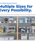 Rock Solid Stackable Plastic Storage Bins With Lids, Hella Spacious 98 Quart Hi Rise Containers For Home Garage And Closets, Snap Lock Grid Tops Shield Your Gear, Gray Four Pack, on shelf with varied contents.