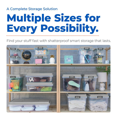 Rock Solid Stackable Plastic Storage Bins With Lids, Hella Spacious 98 Quart Hi Rise Containers For Home Garage And Closets, Snap Lock Grid Tops Shield Your Gear, Gray Four Pack, on shelf with varied contents.