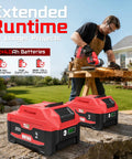 Heavy Duty 20V Compact Circular Saw With 3 Inch Brushless Motor And Dual 4Ah Batteries near two chargers and a worker cutting wood.