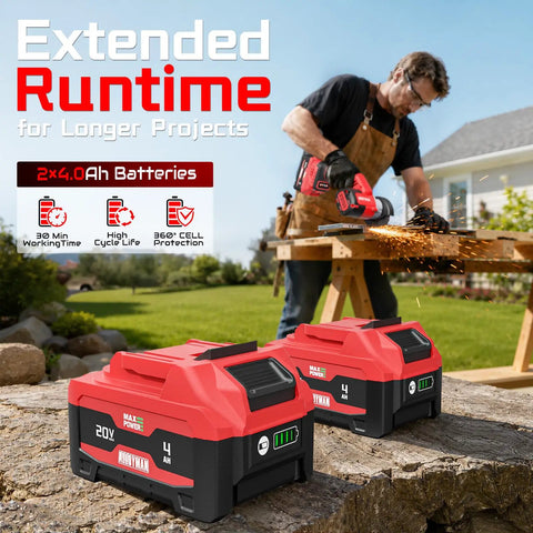 Heavy Duty 20V Compact Circular Saw With 3 Inch Brushless Motor And Dual 4Ah Batteries near two chargers and a worker cutting wood.