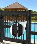 Heavy Duty Aluminum Self Closing Gate Hinges Featuring Slick Adjustable Spring Tension For Rock Solid Auto Fence Gate Closure in black on a pool gate.