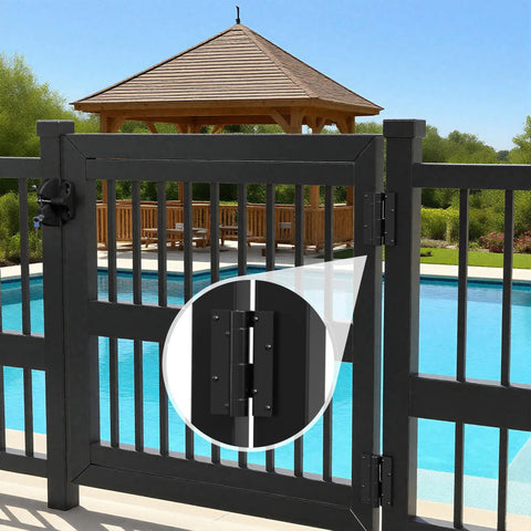 Heavy Duty Aluminum Self Closing Gate Hinges Featuring Slick Adjustable Spring Tension For Rock Solid Auto Fence Gate Closure in black on a pool gate.