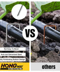 Comparison between 500 Pack 6 Inch Galvanized Landscape Staples and rusty stakes securing irrigation tubing in soil