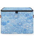 Heavy Duty Waterproof Polyester Storage Containers With A Slick Two Way Zipper Closure And Blue White Snowflake Design in view.