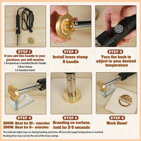 Custom Branding Iron For Wood And Leather, Make It Yours With Your Text Or Logo, Durable Brass Stamp Head shown in step-by-step use.