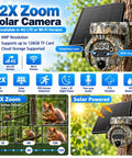 Heavy Duty Camouflage Solar Security Camera Outdoor 6Mp 12X Zoom with solar panel mounted on a tree.