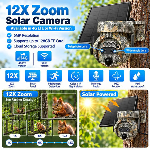 Heavy Duty Camouflage Solar Security Camera Outdoor 6Mp 12X Zoom with solar panel mounted on a tree.