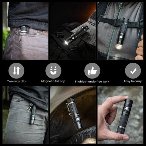 Sofirn SP10 Pro BLF Anduril2 Version Mini EDC Flashlight clipped to pants, showing magnetic tail cap and compact design.