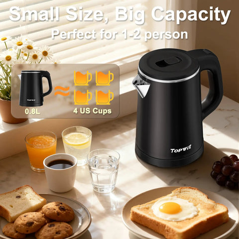 Ultra Portable 0.8L Electric Kettle With Stainless Steel Build, black finish, next to breakfast setting, 800W Quick Boil