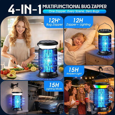4-in-1 multifunctional bug zapper in various home and outdoor settings, highlighting its versatility and runtime.